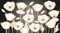 Vector. Original background with the image of poppies with a texture of golden lineson a gray background.